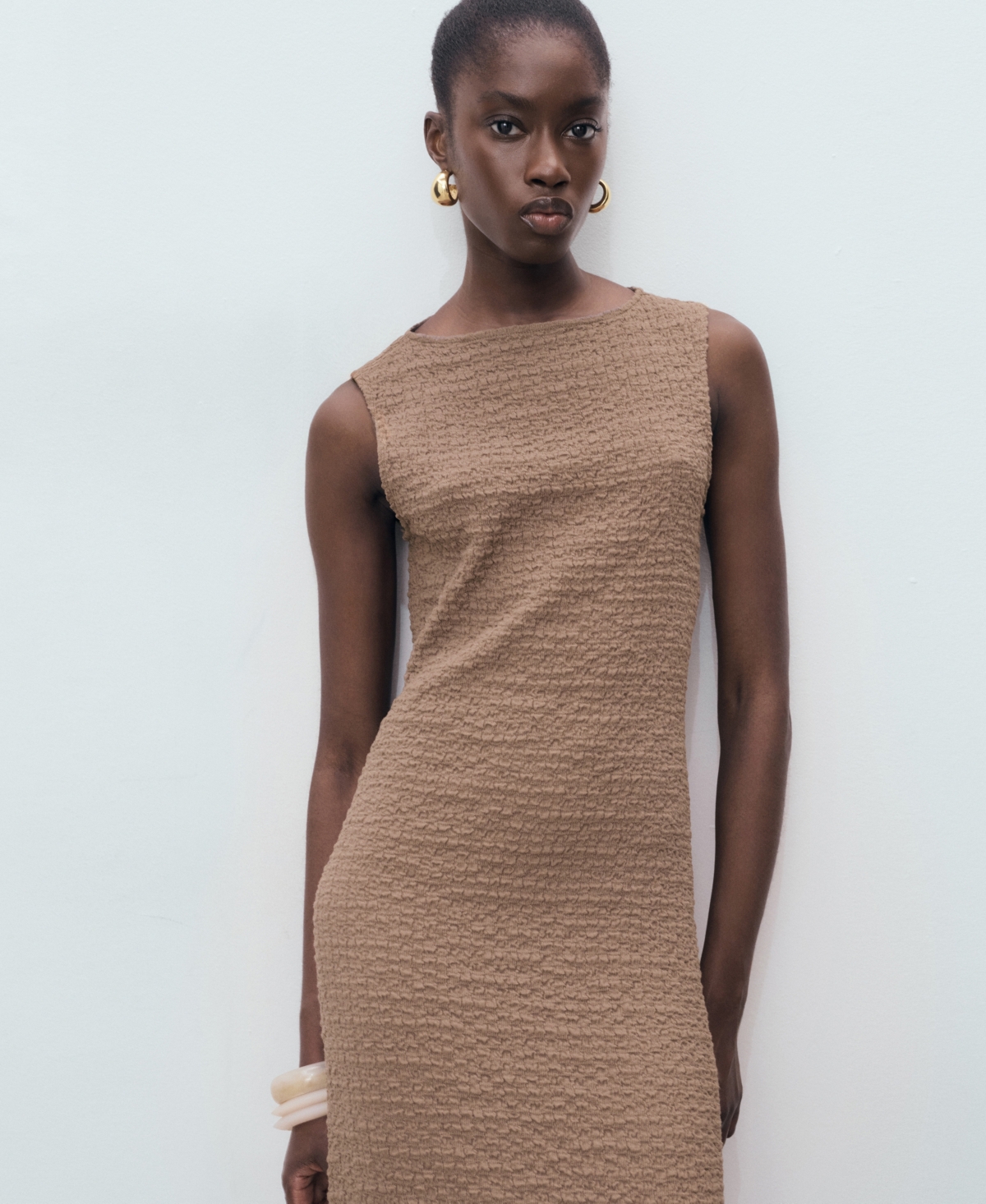 Mango Texture Sleeveless Maxi Dress In Nude