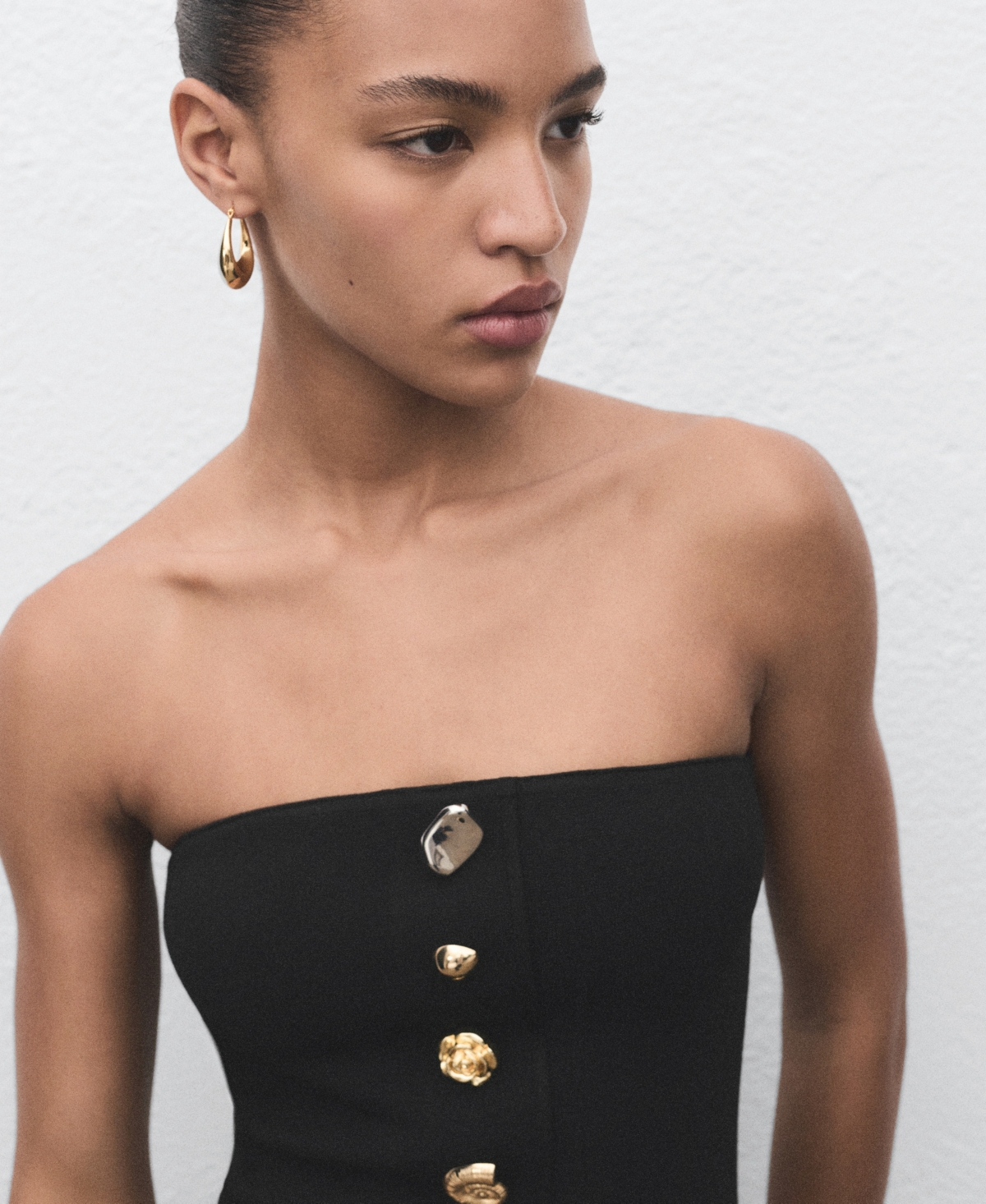 Mango Strapless Dress With Jewel Buttons Black In Black