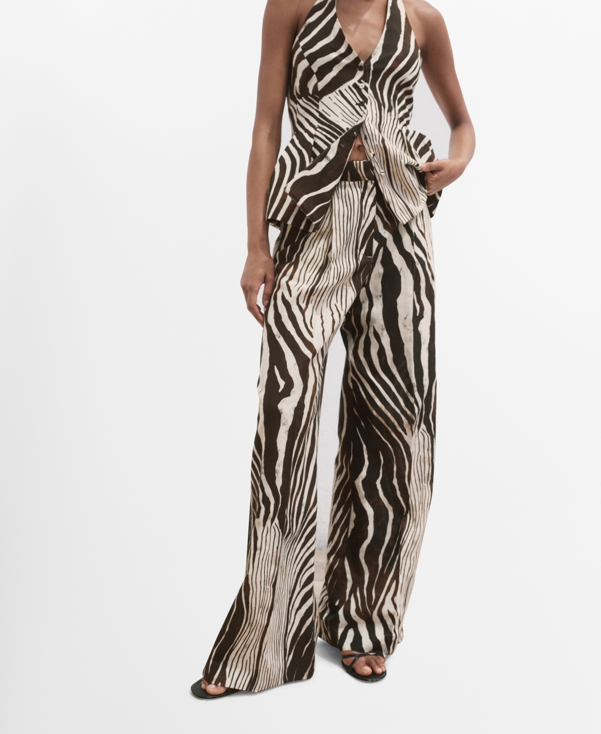 Mango Women's Zebra-print Linen Pants In Brown