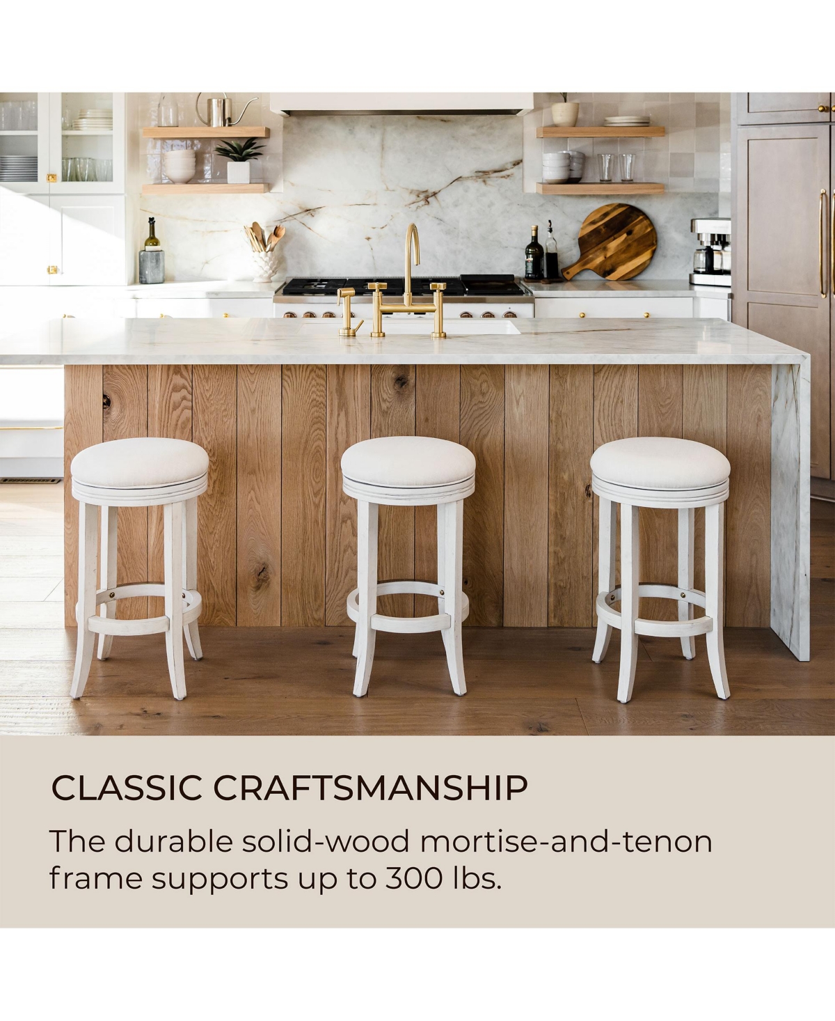 Maven Lane Eva Counter Stool, White Oak Finish w/ Natural Color Fabric, Set of 3