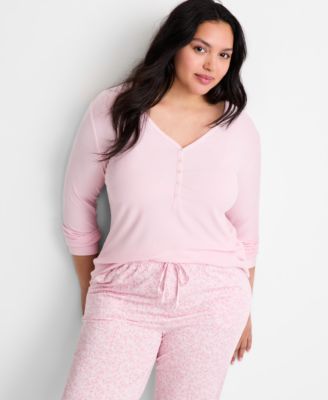 Women's Long-Sleeve Ribbed Henley Sleep Top XS-3X, Created for Macy's