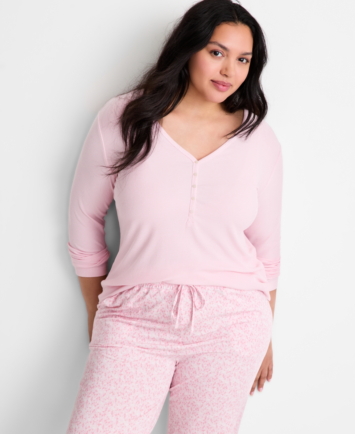 State of Day Women's Long-Sleeve Ribbed Henley Sleep Top Xs-3X, Created for Macy's