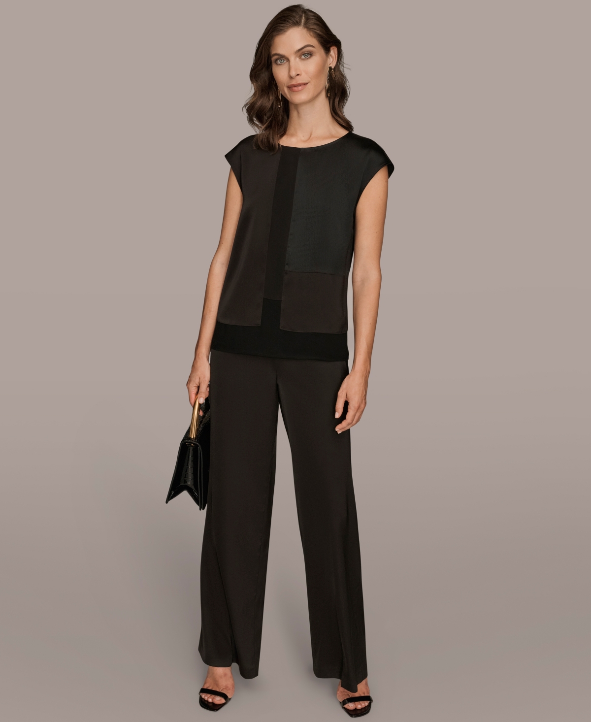 Donna Karan New York Mixed Media Cap Sleeve Top In Black