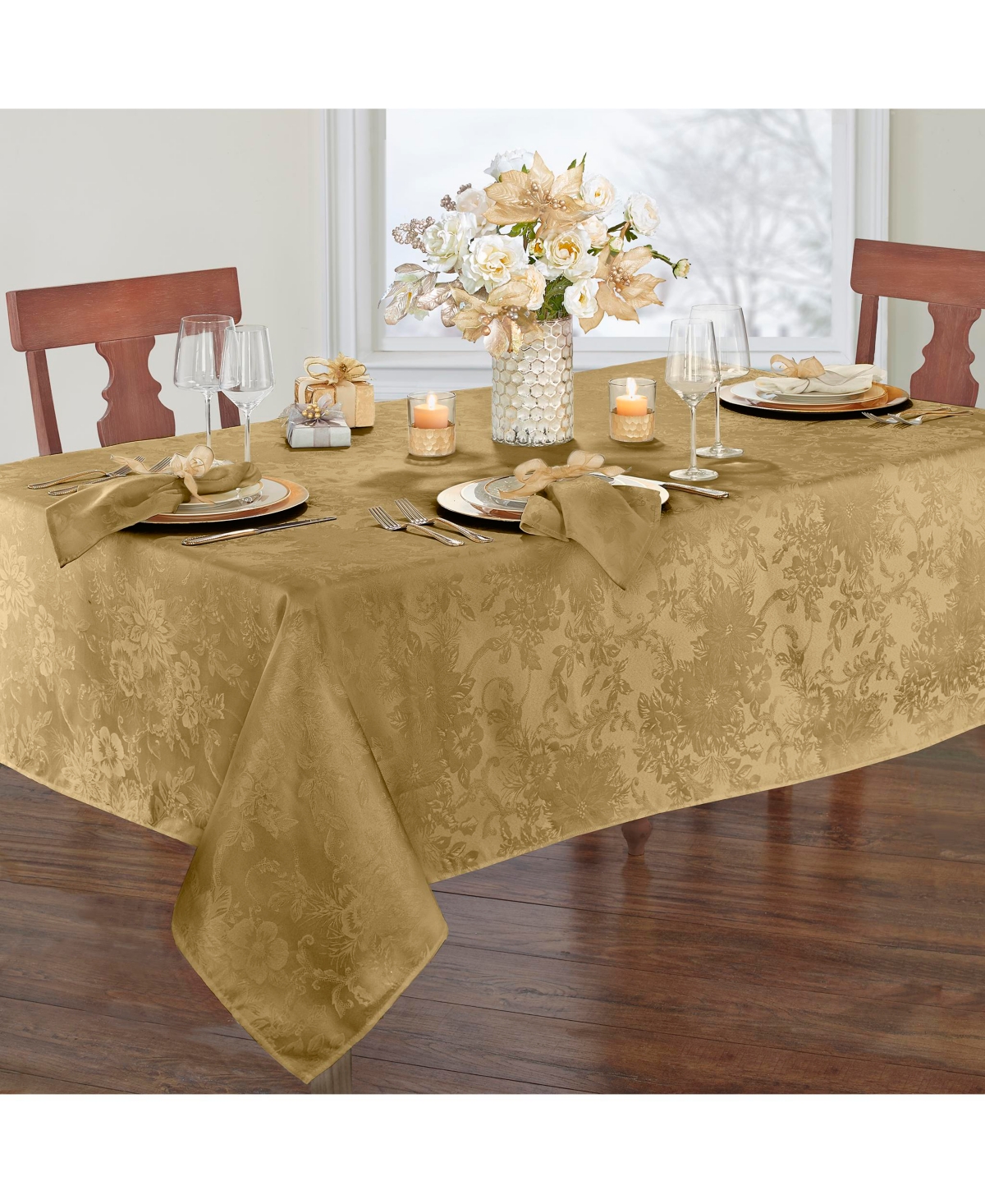 Elrene Poinsettia Elegance Jacquard Holiday Tablecloth