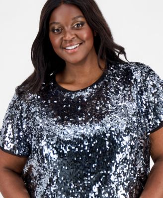 Plus Size Sequinned Chiffon-Trim Top