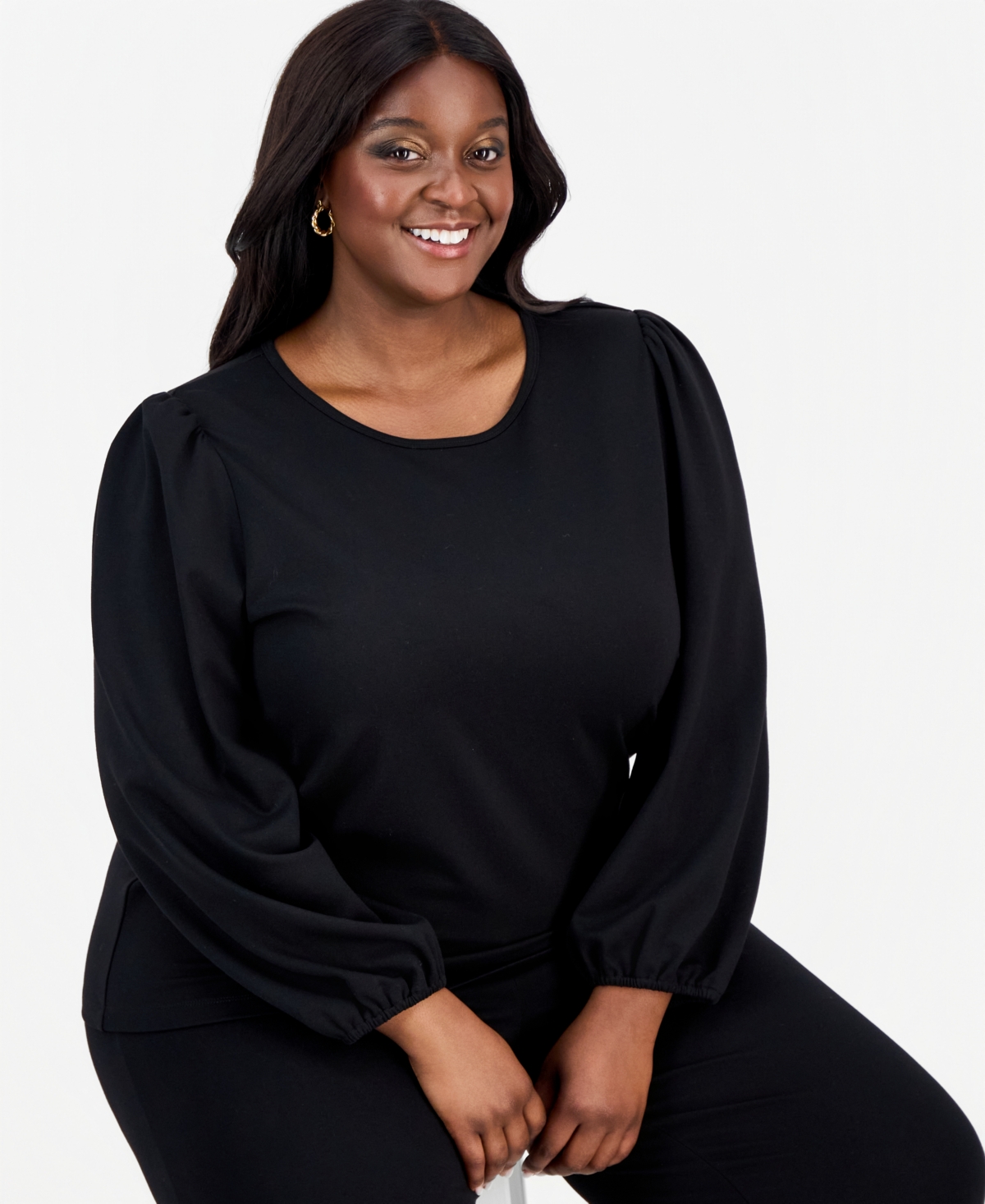 Ak Anne Klein Plus Size Blouson-sleeve Top In Black