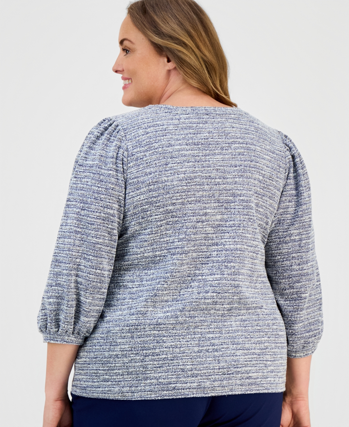 Ak Anne Klein Plus Size Balloon-sleeve Crewneck Top In Gray