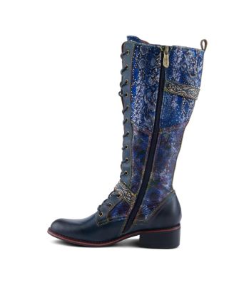 Women's Vaneyck Hand-Painted Tall Boots with Iridescent Leather, Double Buckle Detail, Lace-Up and Zipper Closure, Rainbow Stitching, and Rubber Sole – Statement Cold-Weather Style