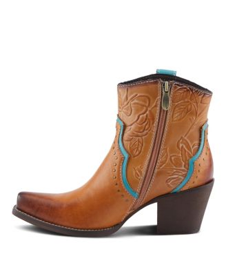 L Artiste Women s REBAMAC Western Floral Embossed Leather Mid-Calf Cowboy Booties with Snip Toe and Zipper Closure