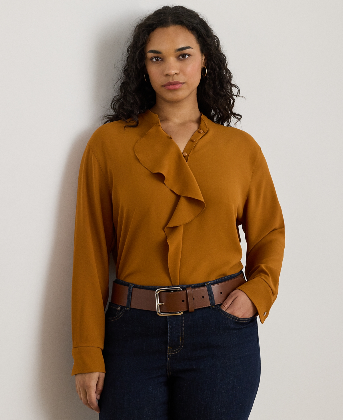 Ralph Lauren Plus Size Ruffle Trimmed Tunic Top In Brown