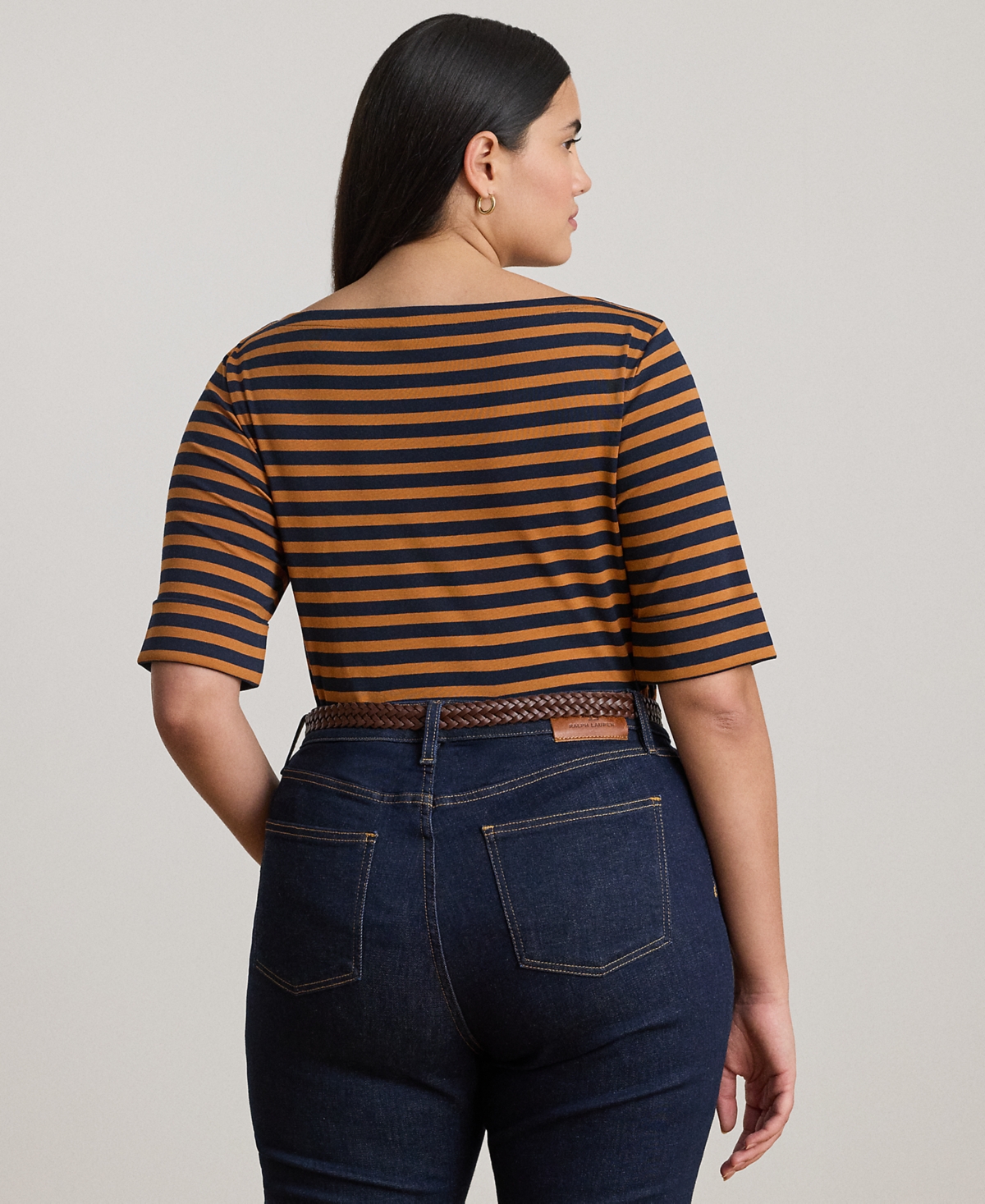Ralph Lauren Plus Size Striped Boat Neck T-shirt In Brown