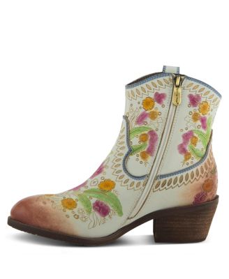 L Artiste Women s GALOP Handpainted Leather Western Booties with Floral Embossing, Pull Tab, and Side Zipper