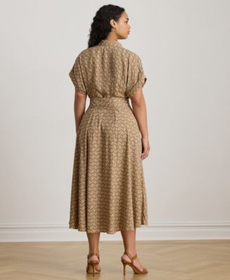 Plus Size Geo-Print Belted Crepe Dress