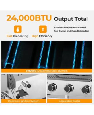 Food Grade Stainless Steel 3-Burner Propane Gas Grill, 24000BTU , Foldable Side Table, Barbecue Grill for Outdoor Cooking, Backyard, Patio
