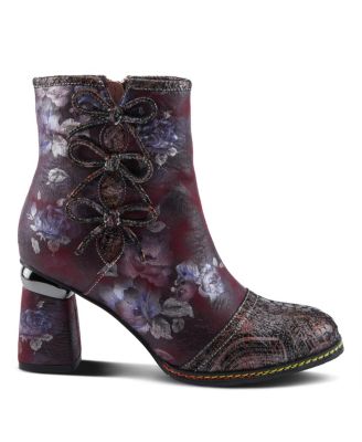 Women's Carre Floral Print Leather Booties with Metallic Cap Toe, Decorative Ribbons, Rainbow Stitching, and Printed Wrapped Heel