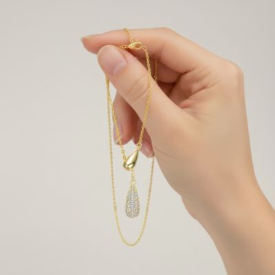 Sterling Silver 14K Gold Plated with Clear Cubic Zirconia Tear Drop Necklace