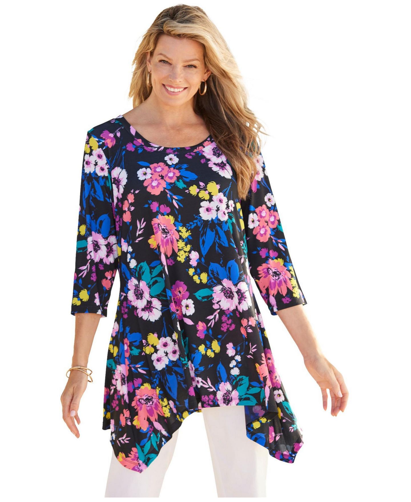 Женский топ Woman Within Plus Size Within Swing Hem Tunic, цвет: Чёрный разноцветный — фото 1