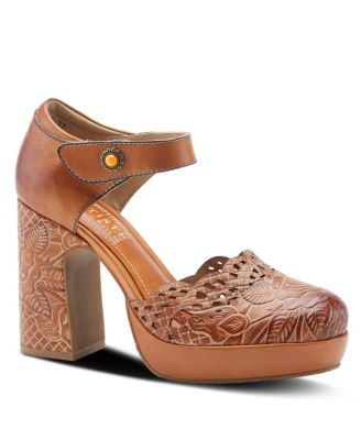 Women's Debbihary Hand-Painted Leather Mary Jane Pumps with Rose Embossing, Cutouts, Adjustable Strap, and 4-Inch Leather-Wrapped Heel
