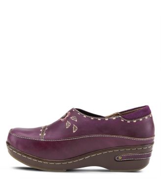 L Artiste Women s BURBANK Hand-Painted Leather Clogs with Floral Embossing and Elastic Insets