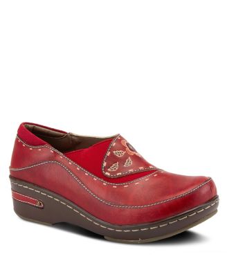 L Artiste Women s BURBANK Hand-Painted Leather Clogs with Floral Embossing and Elastic Insets