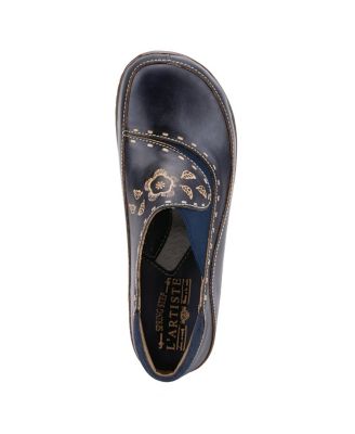 L Artiste Women s BURBANK Hand-Painted Leather Clogs with Floral Embossing and Elastic Insets