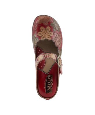 Women's Flochino Leather Clogs with Floral Ankle Strap, Scalloped Edges, Brass Buckles, and Plush Microsuede Footbed – Comfort Slip-Ons