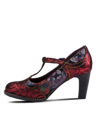 Women s Mazie Closed-Toe T-Strap Heels in Floral Metallic and Mosaic Leather with Decorative Buckle and Stacked Heel