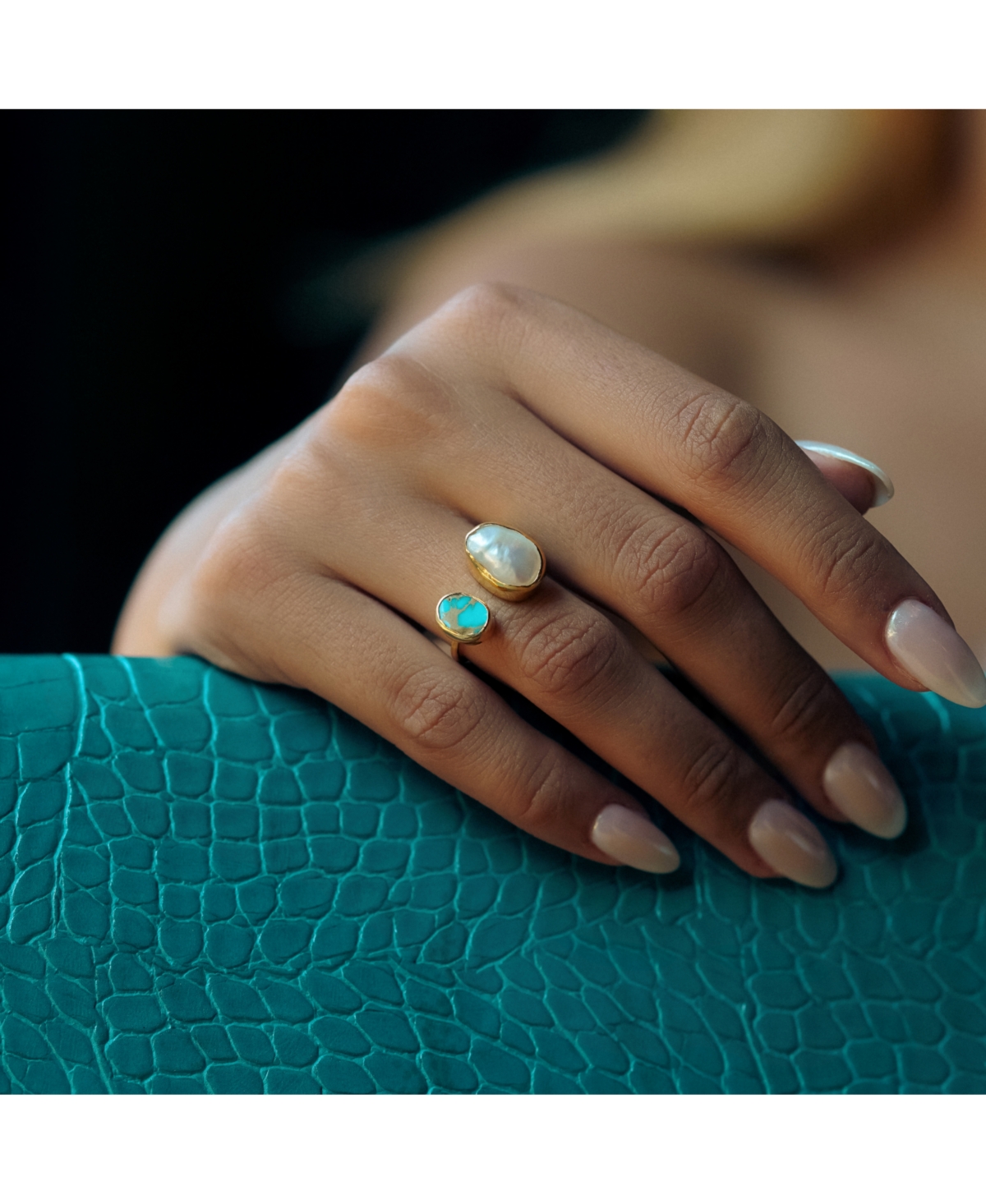 Spero London Double Natural Gemstone Adjustable Sterling Silver Turquoise Ring