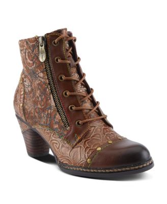 Women's Avyanna Velvet and Leather Ankle Boots with Embossed Floral Design, Cap Toe, Dual Zippers, and Low Heel