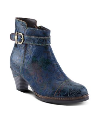 Women's Antilles Floral Embossed Suede Ankle Booties with Vintage Buckle Detail, Inside Zipper, Low Heel, Faux Fur Lining