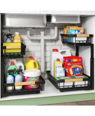 Under Sink Organizer, 2 Tier Pull Out Cabinet Organizer Baskets with Mesh Sliding Drawers, Slide Out Storage Shelf for Home, Kitchen, Bathroom, Pantry, Office Cabinet, Countertop(2 Pack)