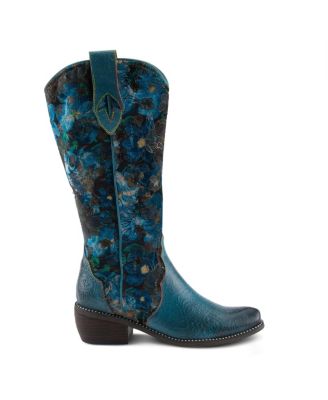 L Artiste Women s RODEOQUEEN-VIV Western Tall Boots with Embossed Leather, Floral Velvet Shaft, and Stacked Heel