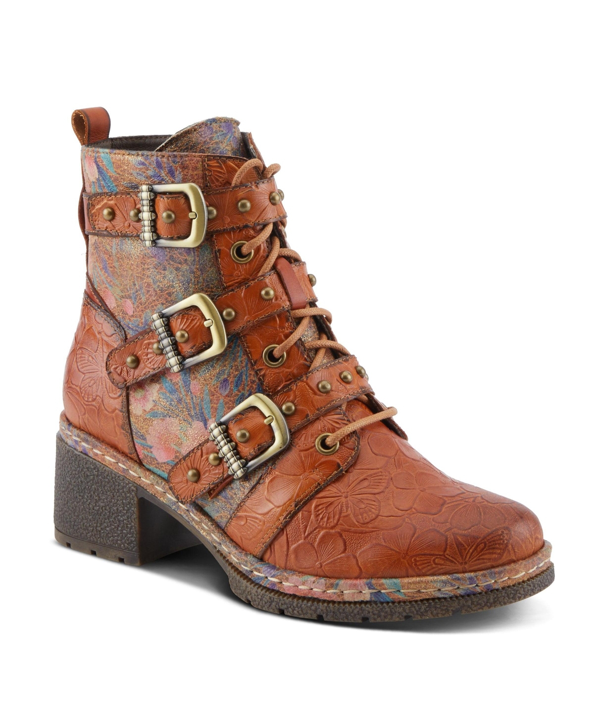 L'Artiste Women's Moonlit Leather Booties with Floral Embossing, Triple Buckle Straps, Inside Zipper, and Lug Sole – Velvet-Lined Statement Ank