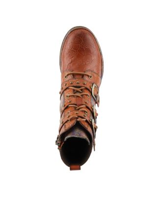 L Artiste Women s Moonlit Leather Ankle Boots with Floral Embossing, Triple Buckle Straps, Inside Zipper, Lug Sole, Velvet Lining, and Brass Accents