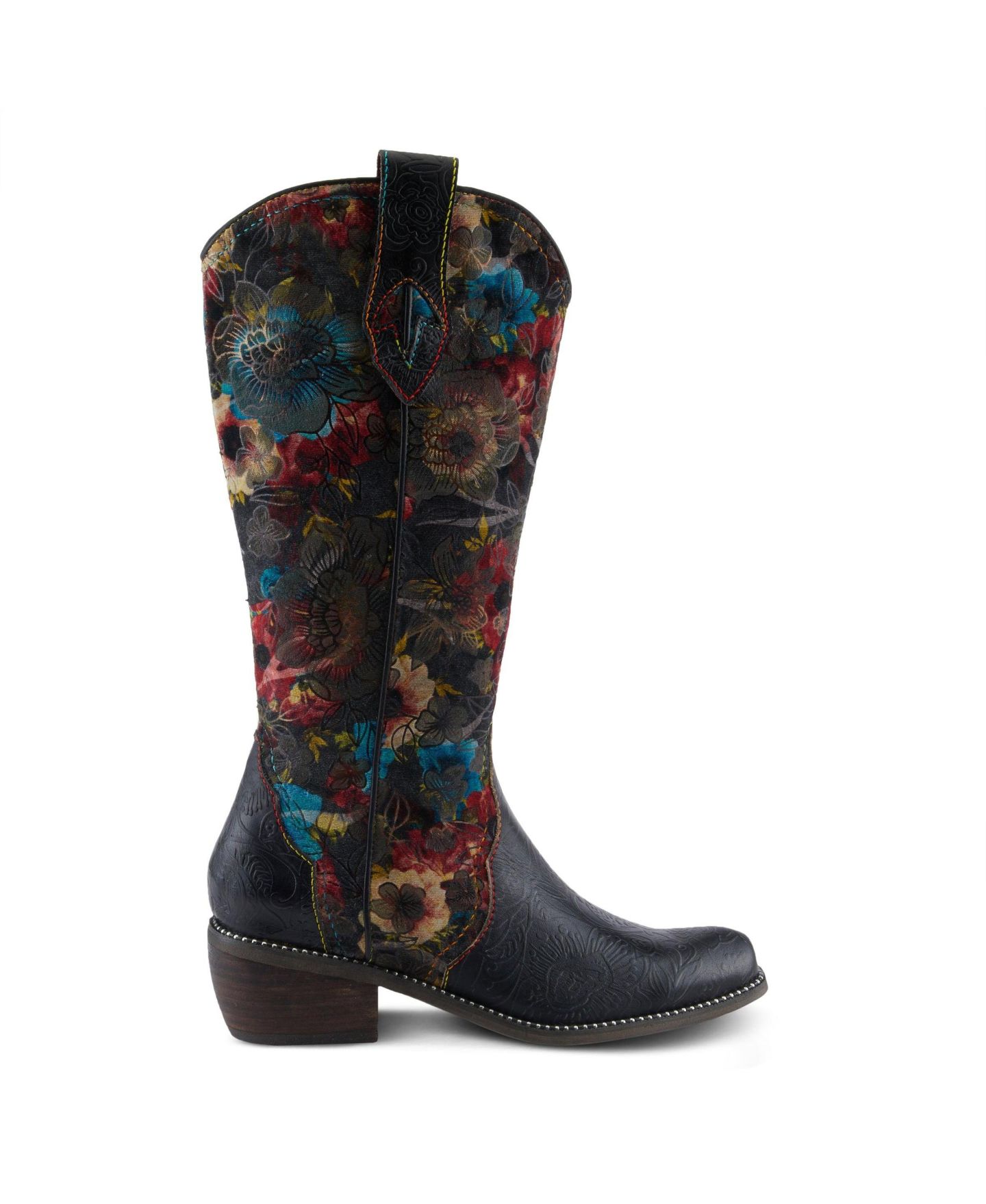 Женские ботинки L'Artiste L Artiste Women s Rodeoqueen-Viv Western Tall Boots with Embossed Leather, Floral Velvet Shaft, and Stacked Heel, цвет: Чёрный разноцветный — фото 5