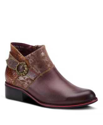 Women's Tiatia Hand-Painted Leather Ankle Boots with Asymmetrical Buckle Strap, Embossed and Suede Panels, Block Heel, and Side Zipper
