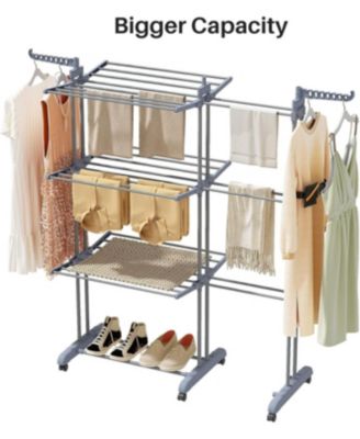Clothes Drying Rack - Foldable Movable Clothes Rack Drying 30.0" W to 59.0" W Extensible Drying Rack Clothing Oversized 4-Tier Stainless Steel Large Clothes Rack Drying Indoor and Outdoor