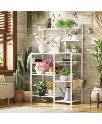 Kitchen Storage Shelf with Hooks, Coffee Bar Station with Power Outlets & LED Light, Bakers Rack with Pull-Out Basket