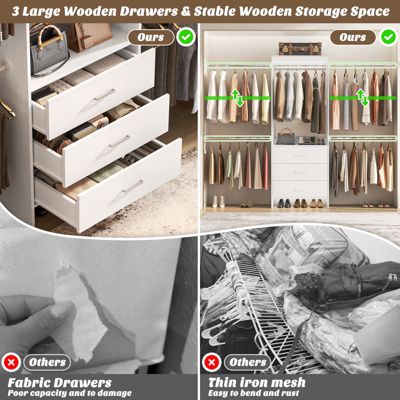 3 Wood Drawers and 4 Retractable Hanging Rods Adjustable Closet System