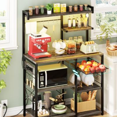 Kitchen Storage Shelf with Hooks, Coffee Bar Station with Power Outlets & LED Light, Bakers Rack with Pull-Out Basket