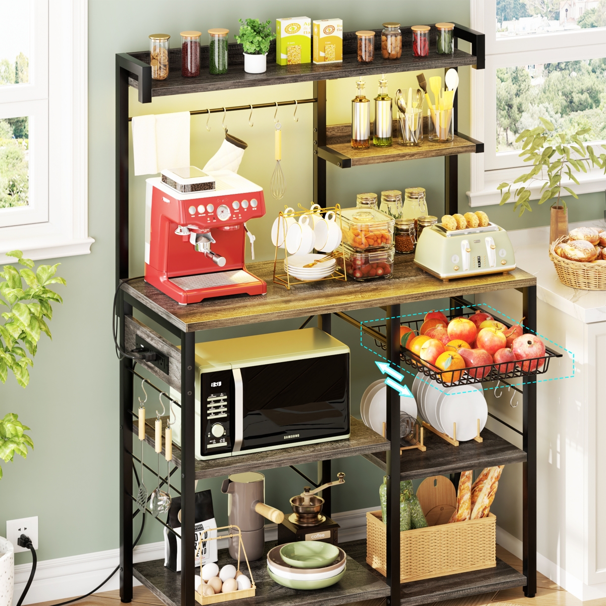 Kitchen Storage Shelf with Hooks, Coffee Bar Station with Power Outlets & Led Light, Bakers Rack with Pull-Out Basket