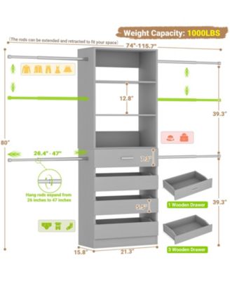 8FT Wall Mounted Closet System with 4 Drawers and 4 Hanging Rods, Garment Rack with Shelves