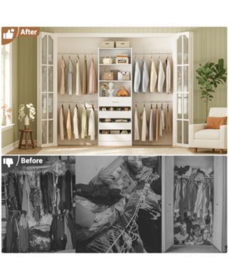 8FT Wall Mounted Closet System with 4 Drawers and 4 Hanging Rods, Garment Rack with Shelves