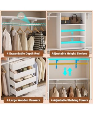 Closet Organizer System with 4 Reversible Shelves, 4 Wood Drawers, and 4 Hanging Rods, 96-Inch Wardrobe Clothes Rack