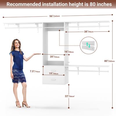 96 Inch Wall Mounted Closet Organizer System with 3 Shelves and Rods, Closet Rack with 2 Drawers