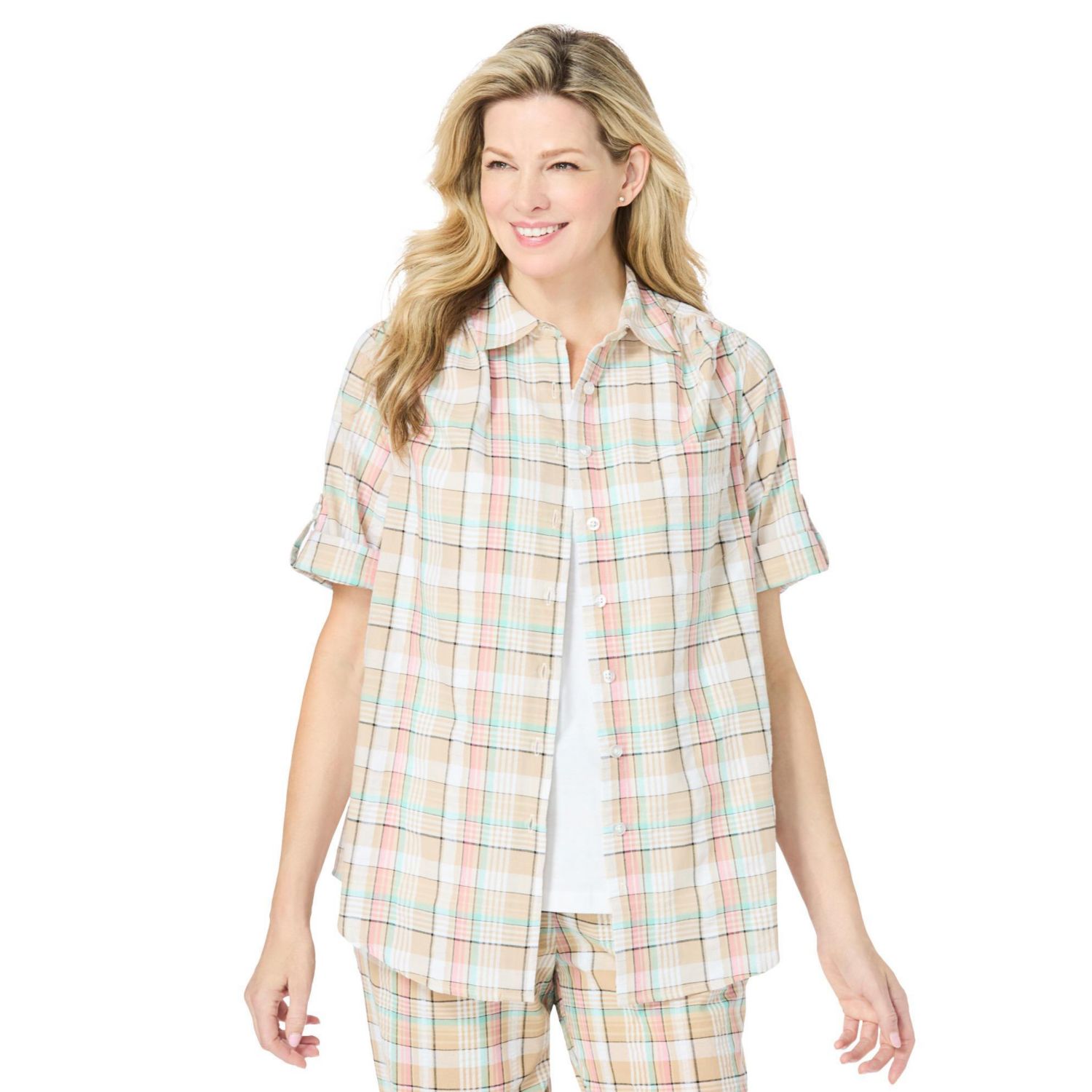 Women's Within Short-Sleeve Button-Down Cotton Seersucker Shirt