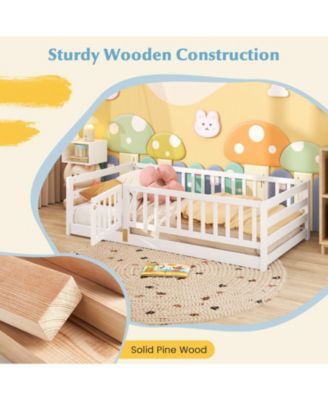 Twin Size Floor Bed w/High Fence & Door Safety Guardrails Wood Floor Bed Frame
