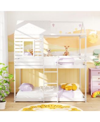 Twin over Twin House Bunk Bed Low-to-ground Bed Frame w/ Roof Solid Wood Bed