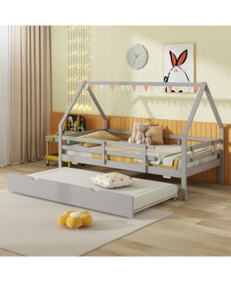Twin Size House Bed w/ Trundle Wooden Kids Bed w/ Safety Rails & Decorable Roof