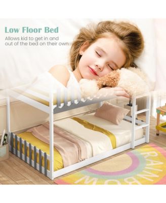 Twin Over Twin Bunk Bed w/ Fence & Ladder Solid Wood Floor Bunk Bed for Kids